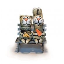 Кот и заяц на скамейке (мини) KN 00-119